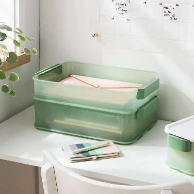 Click In Place 6.7qt Shallow Plastic Storage Bin For Home And Office Organization Green Tint - Brightroom™ 1 Click In Place 6.7qt Shallow Plastic Storage Bin For Home And Office Organization Green Tint - Brightroom™