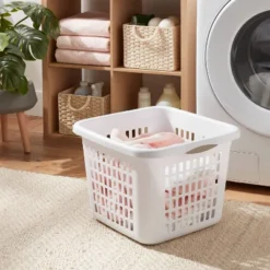 1.5bu Plastic Square Laundry Basket - Brightroom™: Medium White Clothes Hamper With Built-In Handles, Portable Storage
