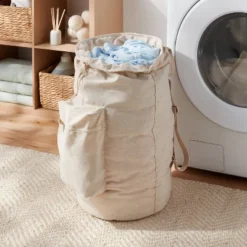 Canvas Backpack Laundry Bag - Brightroom™: Linen Backpack Hamper, 50L Capacity, Multipurpose, Beige, 1 Handle