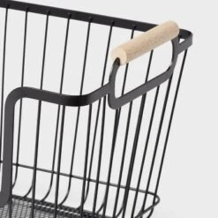 Metal Stackable Wire Pantry Basket With Rubber Wood Handle Black - Brightroom™: Kitchen Storage Organizer, 9"x13.5" -Brightroom Outlet Store GUEST caedbd0d 0635 4243 8fd2 add6d1f4a2d5
