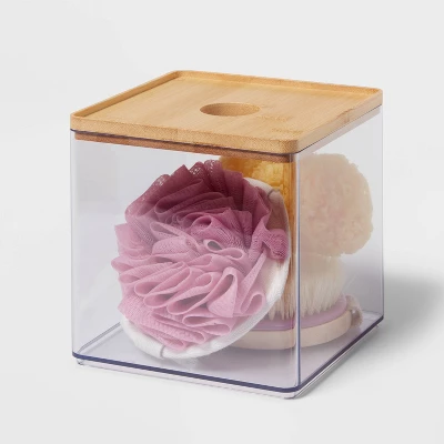 Clear Canister Large With Bamboo Lid - Brightroom™: Bathroom Container With Lid, Qtip Holder, 6"x6"x6" Plastic 2 Clear Canister Large With Bamboo Lid - Brightroom™: Bathroom Container With Lid, Qtip Holder, 6"x6"x6" Plastic - Image 2